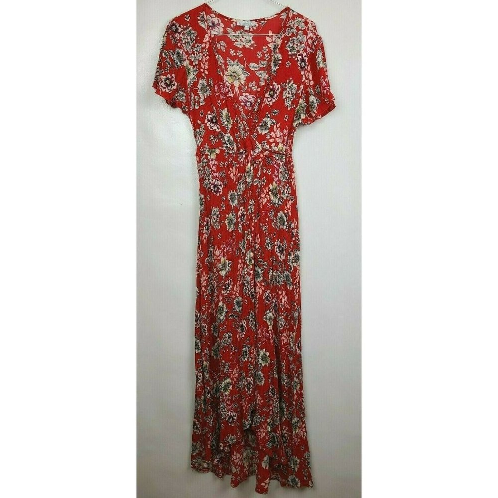 Patrons of Peace Red Floral Faux Wrap Crinkle BOHO Maxi Dress Size Medium